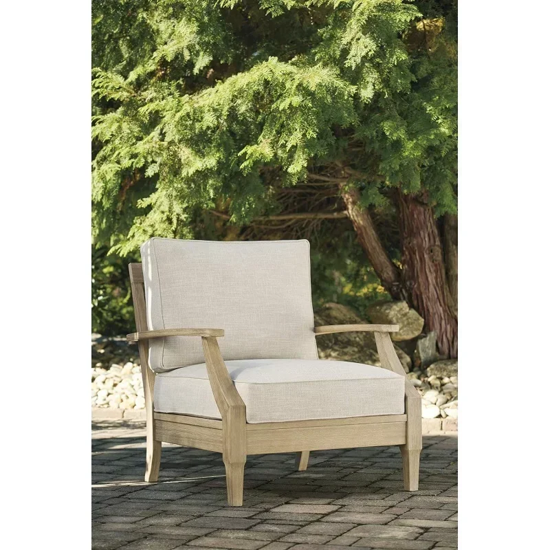 Signature Design by  Outdoor Eucalyptus Wood Single Cushioned Lounge Chair, Beige