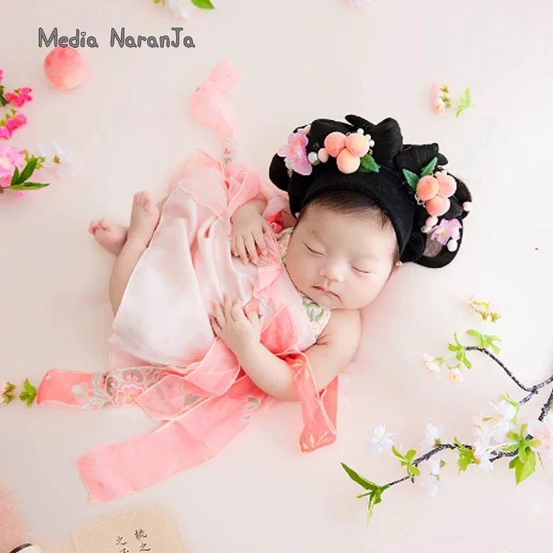 Newborn photography props Chinese Hanfu Costume baby girl pink outfit with traditional wig headpiece photo shoot set