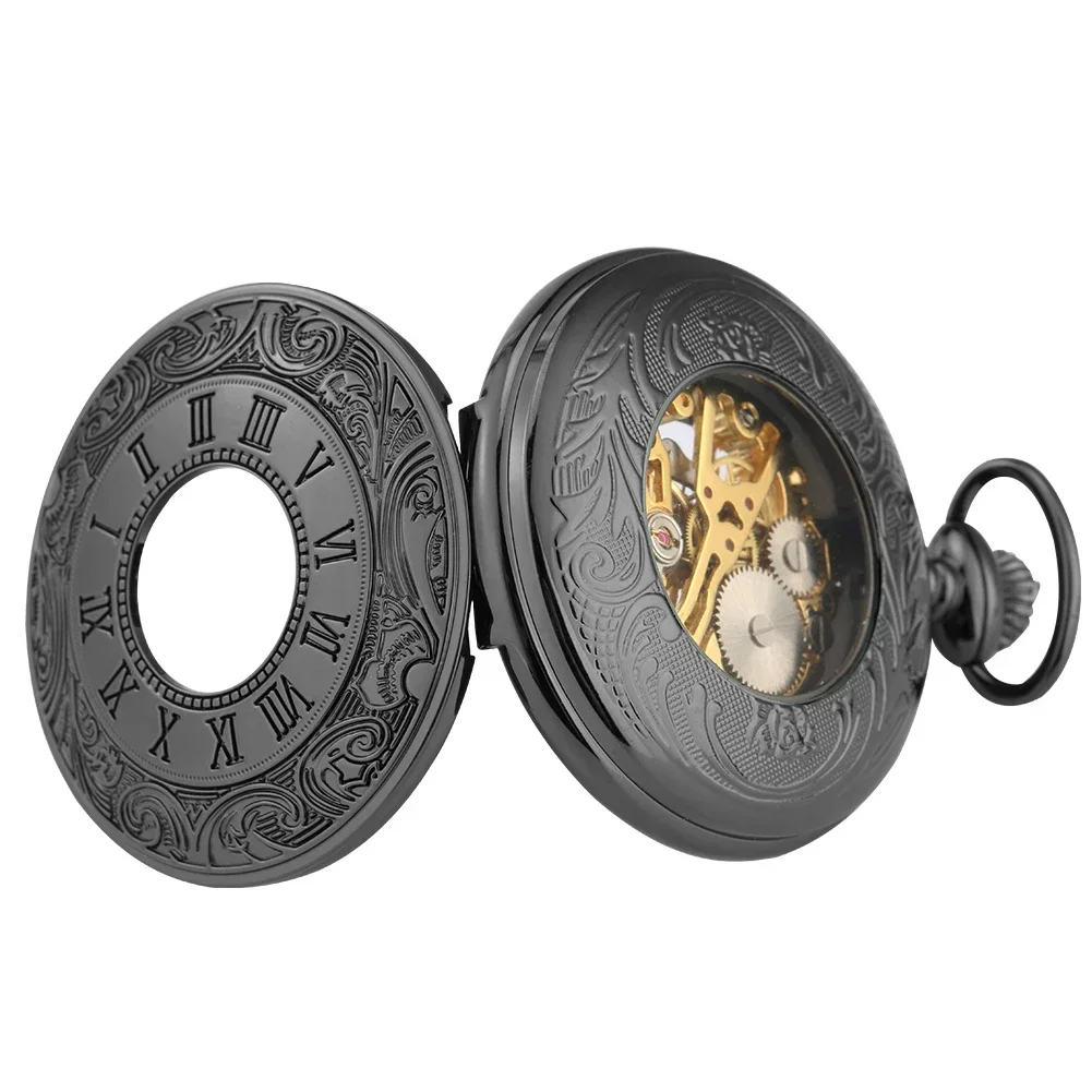 Steampunk Black Handwinding Mechanical Skeleton Pocket Watch for Men Women Pendant Chain Clock Carving Roman Number Timepiece