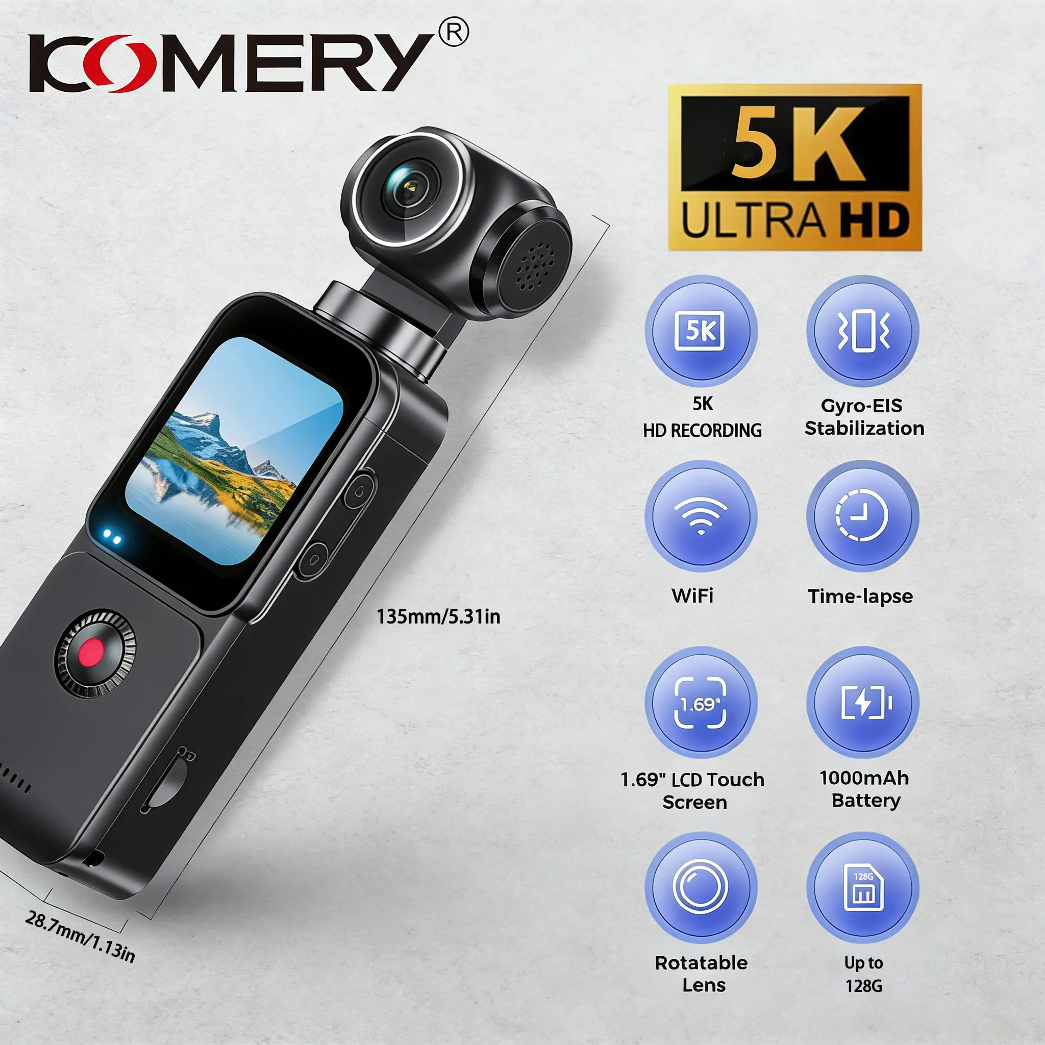 

Карманная экшн-камера KOMERY OX3, технология стабилизации ELS, долговечный аккумулятор, компактный и портативный дизайн, видео высокого разрешения 5K.