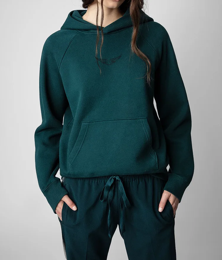 Diamond Letter Circle Dark Green Hoodie Sweatshirt For Women 100% Cotton Raglan Sleeve Fashion Casual Pocket Pullover Sweatshirt