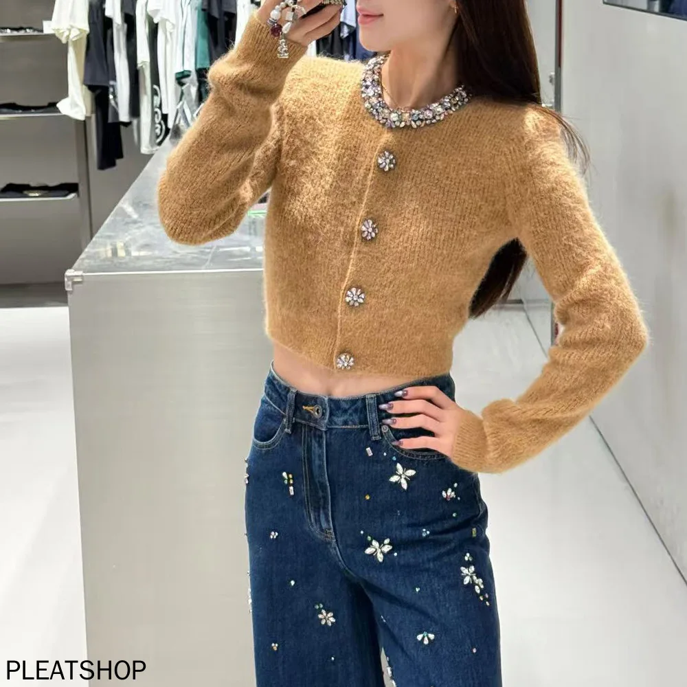 

SP Home Элегантная коллекция женской одежды премиум-класса, французский элегантный стиль, украшенный бриллиантами, вязаный кардиган с длинными рукавами, женский топ