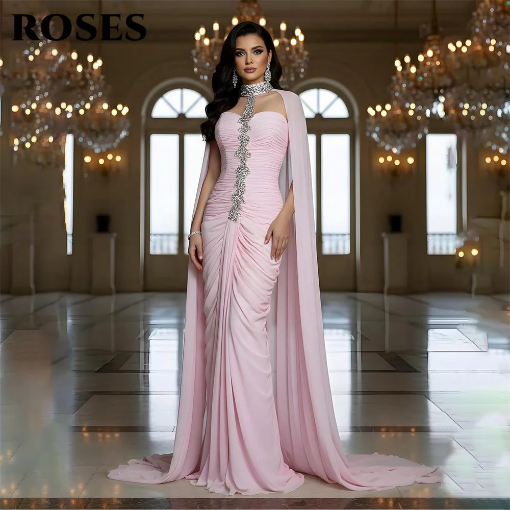 

ROSES Blush Pink Ruched Evening Dresses with Crystal Trim Prom Dress Chiffon Cape Party Dresses Mermaid Gala Dress Customized