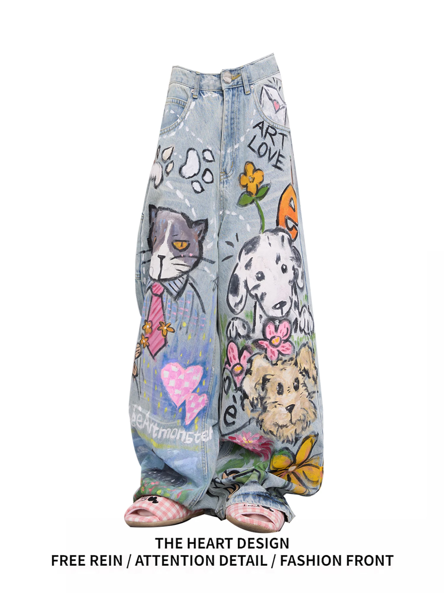 

Y2K Women's Hand Painted Cartoon Animal Jeans High Waist Baggy Wide Leg Denim Pants Floral Heart Streetwear Trousers