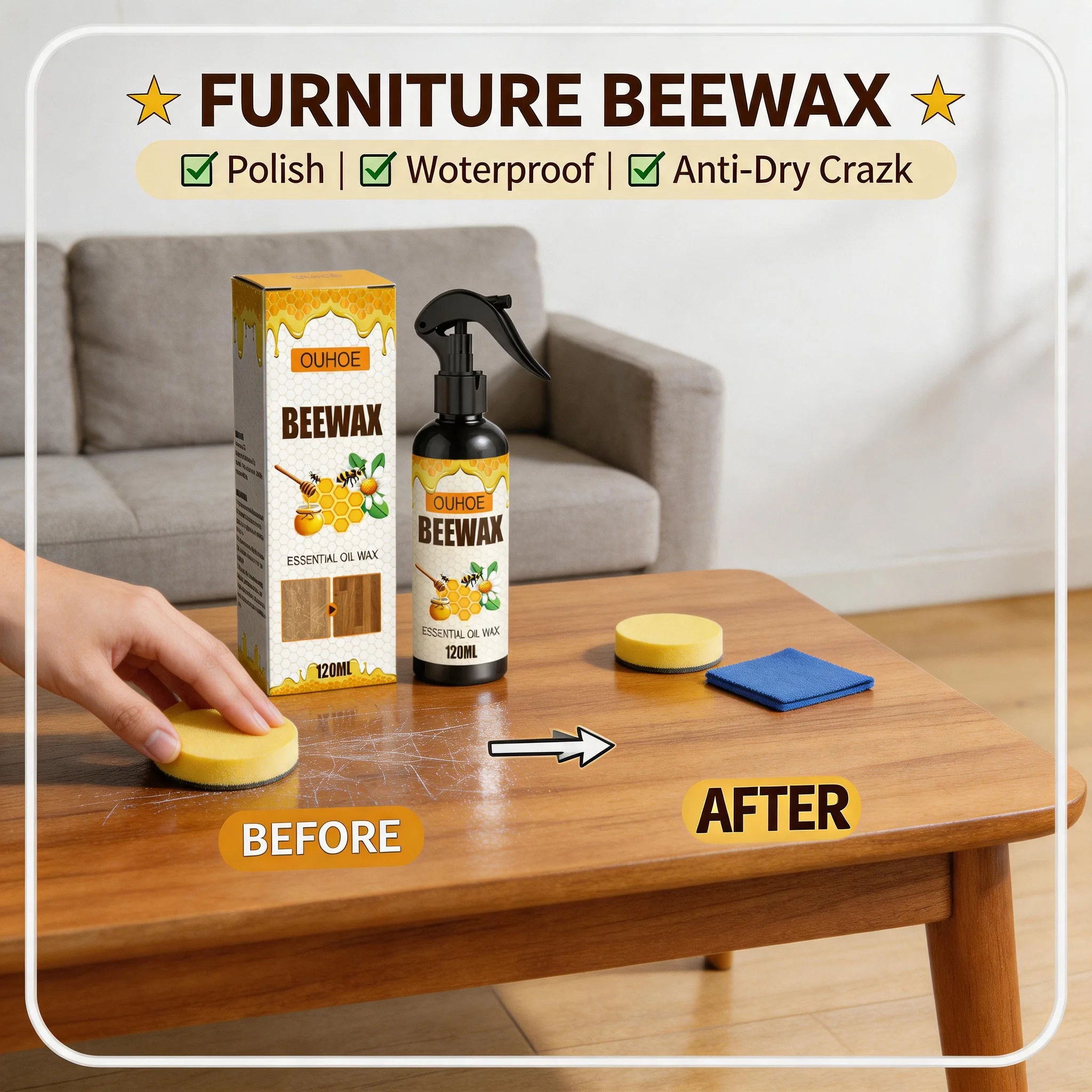 Spray de Cera de Abeja para Muebles, Cera para Pulir Pisos de Madera, Impermeabilizante y Anti-Grietas, Eliminador de Rayones, Spray para Renovación y Mantenimiento de Muebles