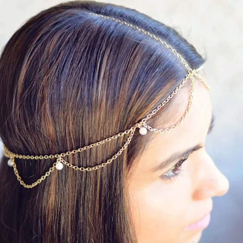 Fashion Bridal Wedding Hair Jewelry Accessories For Women Indian Boho Imitation Pearls Head Chain HeadPiece Bijoux Femme