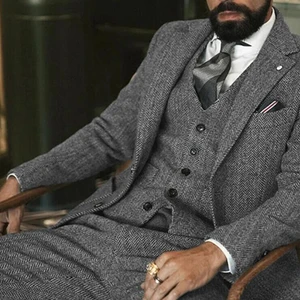 رجالي 3 قطع تويد بدلة رمادي الصوف متعرجة العريس الرسمية سهرة رجالي ملابس زفاف سترة الشتاء سترة بنطلون أفضل 11 بدلة مبيعا - رقم 3