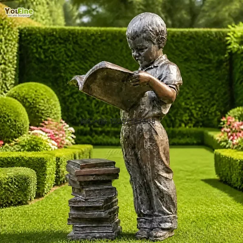 Wmwmnu for YouFine Art Bronze Reading Boy Statue Handcrafted Cast Student Sculpture with Books for Garden Park School Library