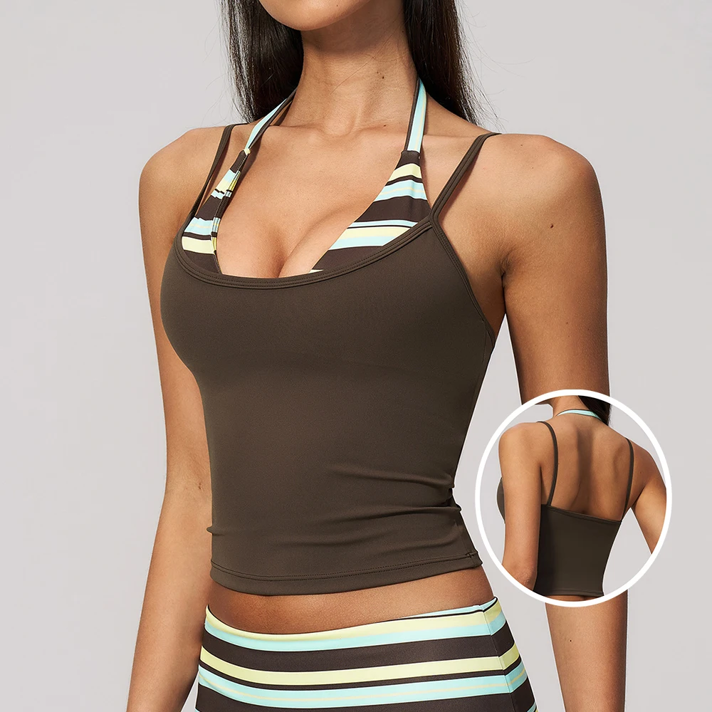 Polka Dots And Stripes Yoga Bra Fitness Tank Gym Top Women Halter Vest Push Up Workout Running Underwear Crop Sports Active Top