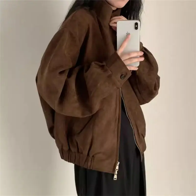 Jacket For Women Fashion Lapel Zipper Long Sleeve Pockets Bomber Coat 2025 Spring Lady Loose Motorcycle Outwears