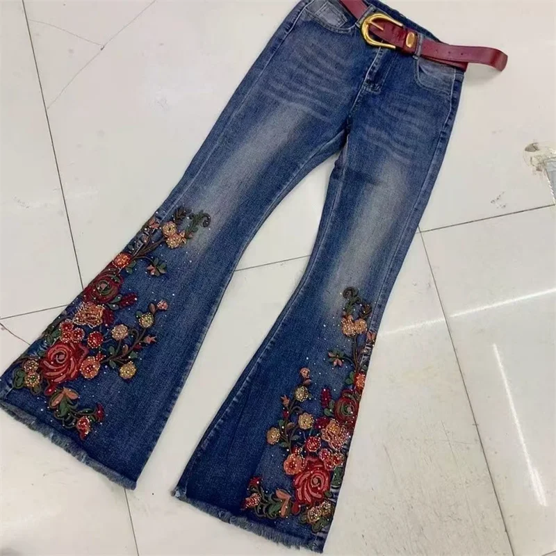 

Autumn Winter Women New Heavy Industry Embroidered Hot Diamond High Waist Skinny and Sagging, Fashion Versatile Micro Pull Jeans