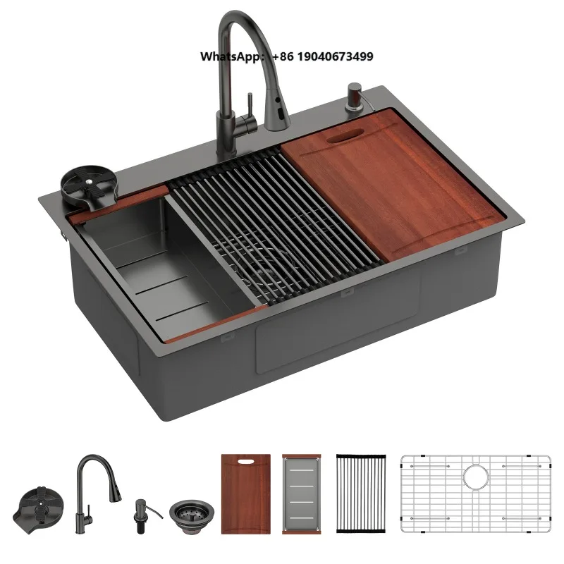 Workstation Topmount / Drop-in Black 304 Stainless Steel 16-Gauge Bowl Integrated Ledge Kitchen   PX
