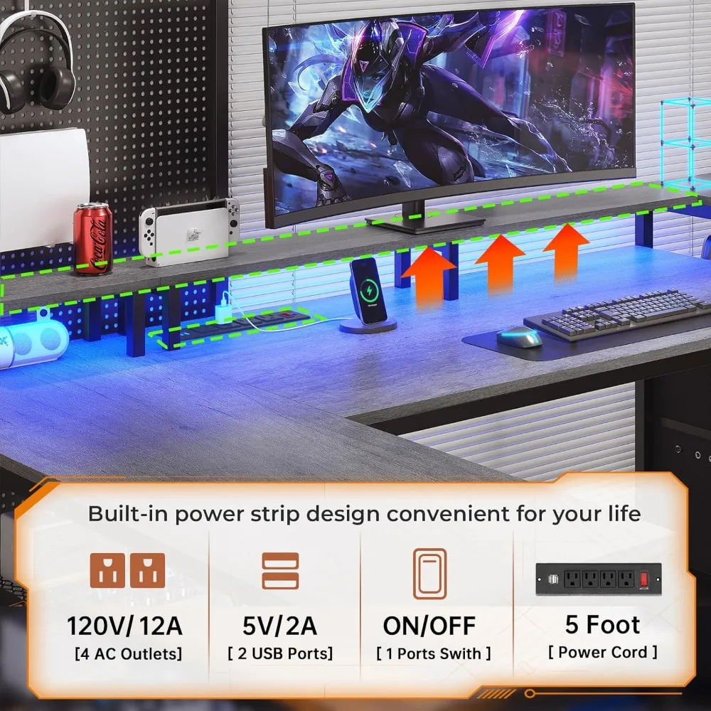 L-Shaped Desk with Storage, LED Gaming Desk, Computer Desk with Drawers and Power Outlet, Reversible Office Desk with Shelves