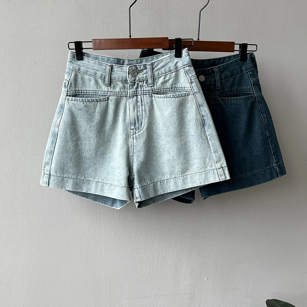 Short en jean taille haute rétro pour femme, pantalon décontracté simple, pantalon à jambes larges, vêtements assortis, nouveau style coréen, été 2024