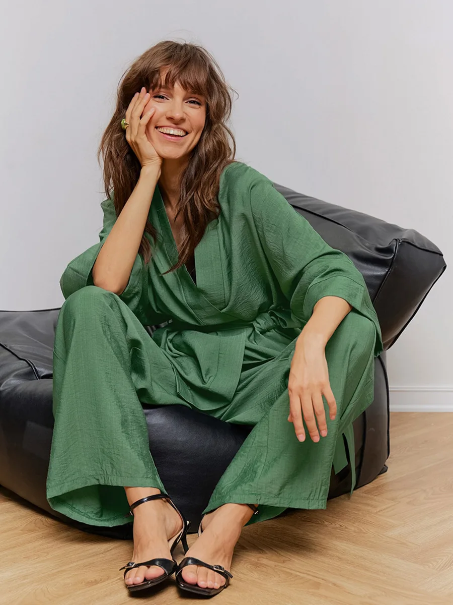 Blubelle conjunto de pijama de manga comprida feminino novo outono verde rendas até pijamas calças soltas lazer casa roupas conjunto de 2 peças