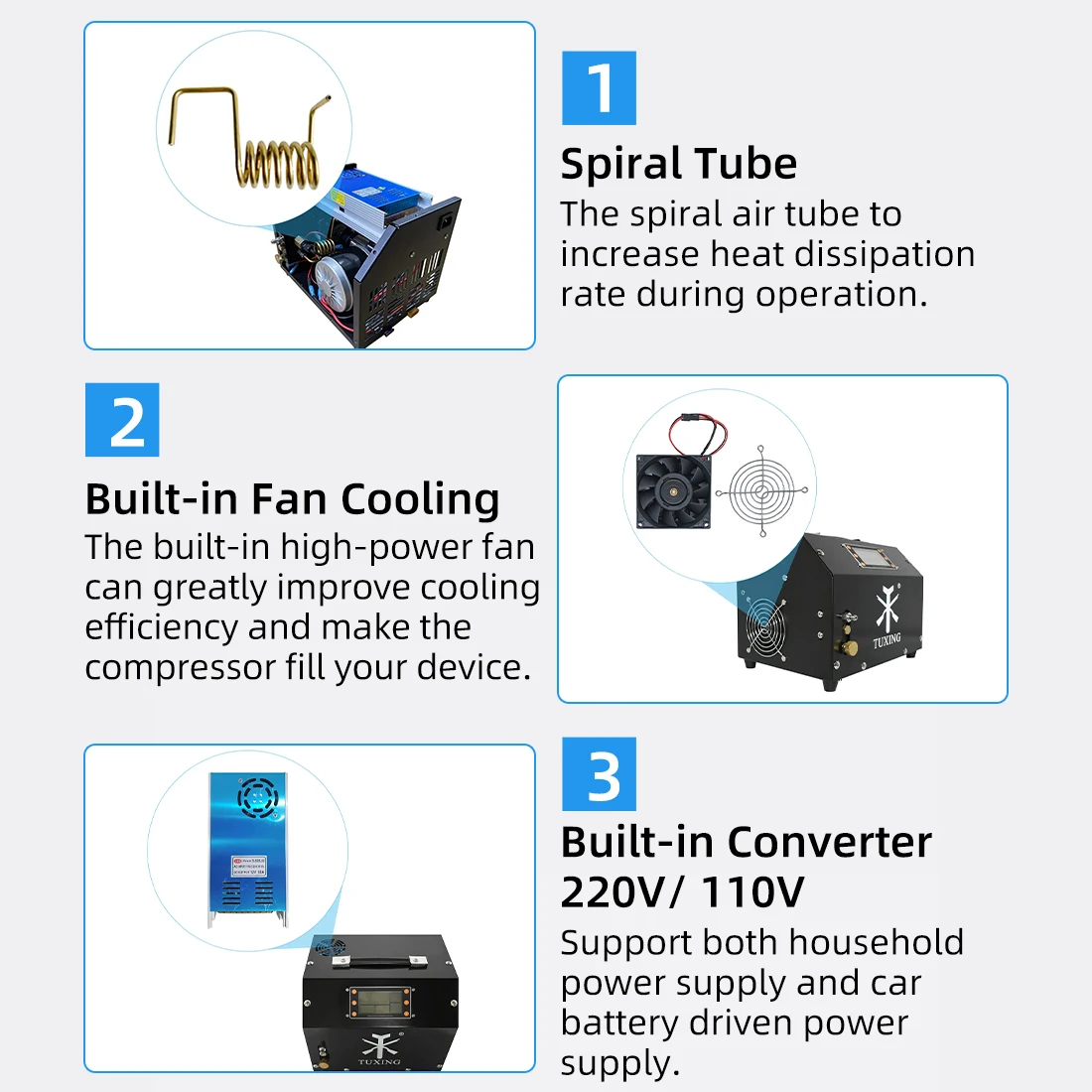 TUXING 4500Psi 300Bar PCP Air Compressor with LCD Display Digital Control Compressor Auto-Stop 12V Power Adapter for PCP Tank