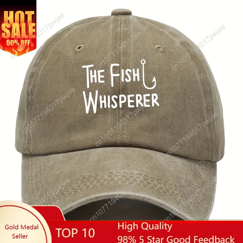 

The Fish Whisperer Washed Baseball Cap - Adjustable Unisex Hat for Men & Women, Black with White Print, Casual Outdoor Hat