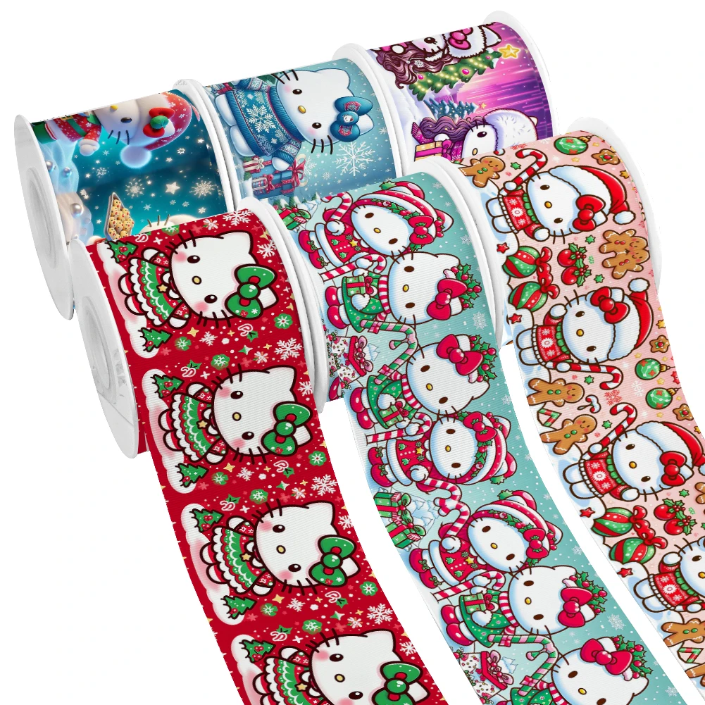 Hello Kitty Christmas cartoon  Pattern Grosgrain Ribbons Satin Ribbon for Cheer Bows DIY Girl Hair Bows 10yards