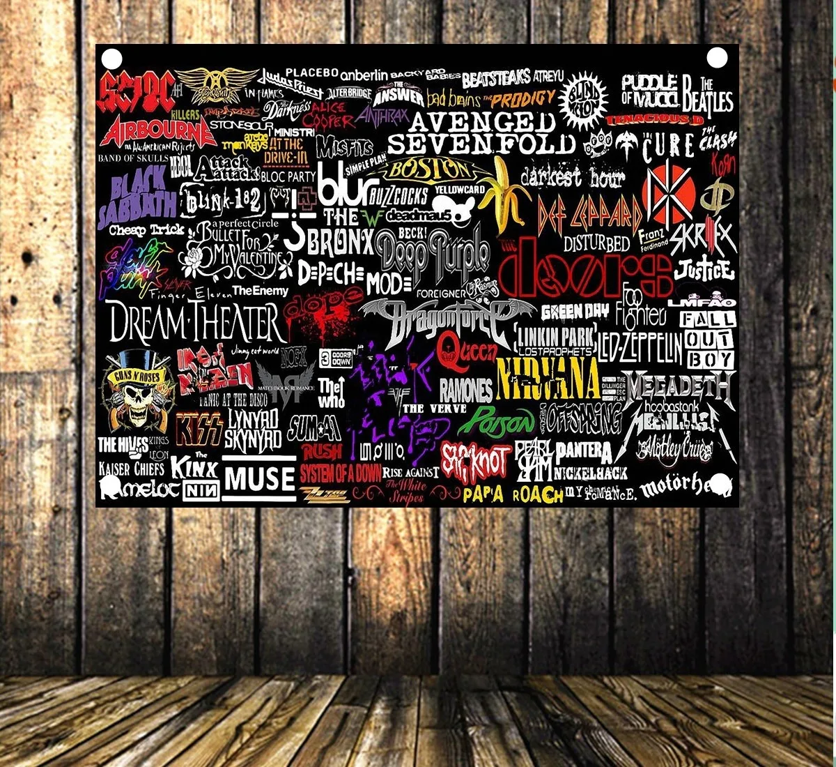 

Rock and Roll Band LOGO Collection Heavy Metal Music Poster Cloth Flag & Banners 4 Hole Hang Cloth Bar Cafe Home Decor Gift