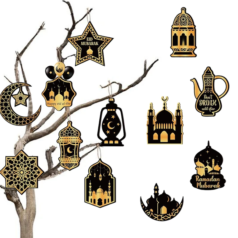 12 قطعة عيد مبارك خشبية معلقة الحلي رمضان كريم القمر دلاية شكل نجمة 2026 الإسلامية الشاش معلقة لوازم الحفلات
