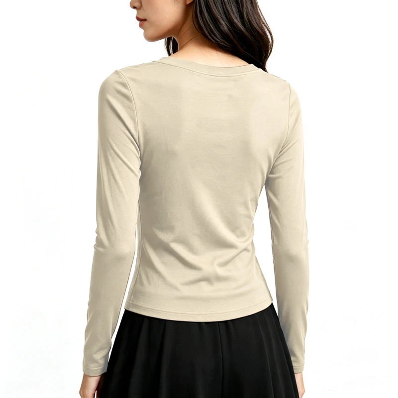Damen Langarm V-Ausschnitt Slim Fit T-Shirt, Einfarbig, Weich, Dehnbar, Gestricktes Unterhemd, Casual Alltags-Unterwäsche für Frauen Q43 – Detail 11