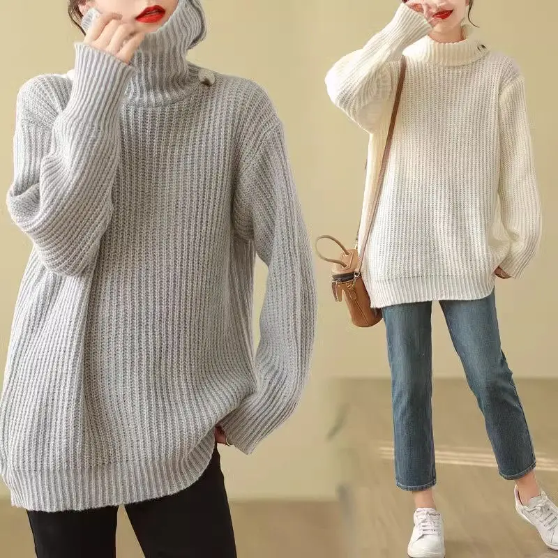 New Autumn Winter Korean High Neck Loose Pullover Bat Sleeve Mid Length Solid Color Oversized Women's Sweater Knitted Tops Z3876