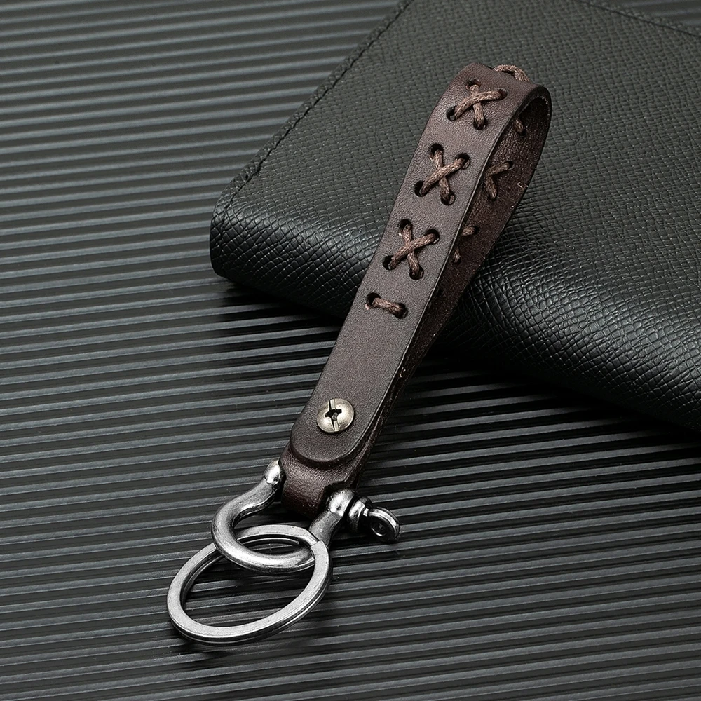 MKENDN Vintage Creative Handmade Leather Keychain Real Cowhide Car Key Rope Personalized Wrist Key Chain DIY Pendant Gift