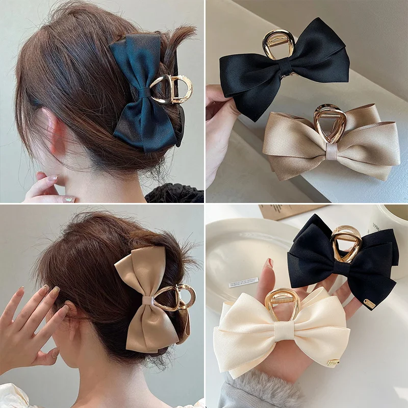 New Large Satin Bow Claw Clips For Women Fashion Hair Claw Hair Clamps Girls  Hairpins Sweet Headwear Barrette Hair Accessories