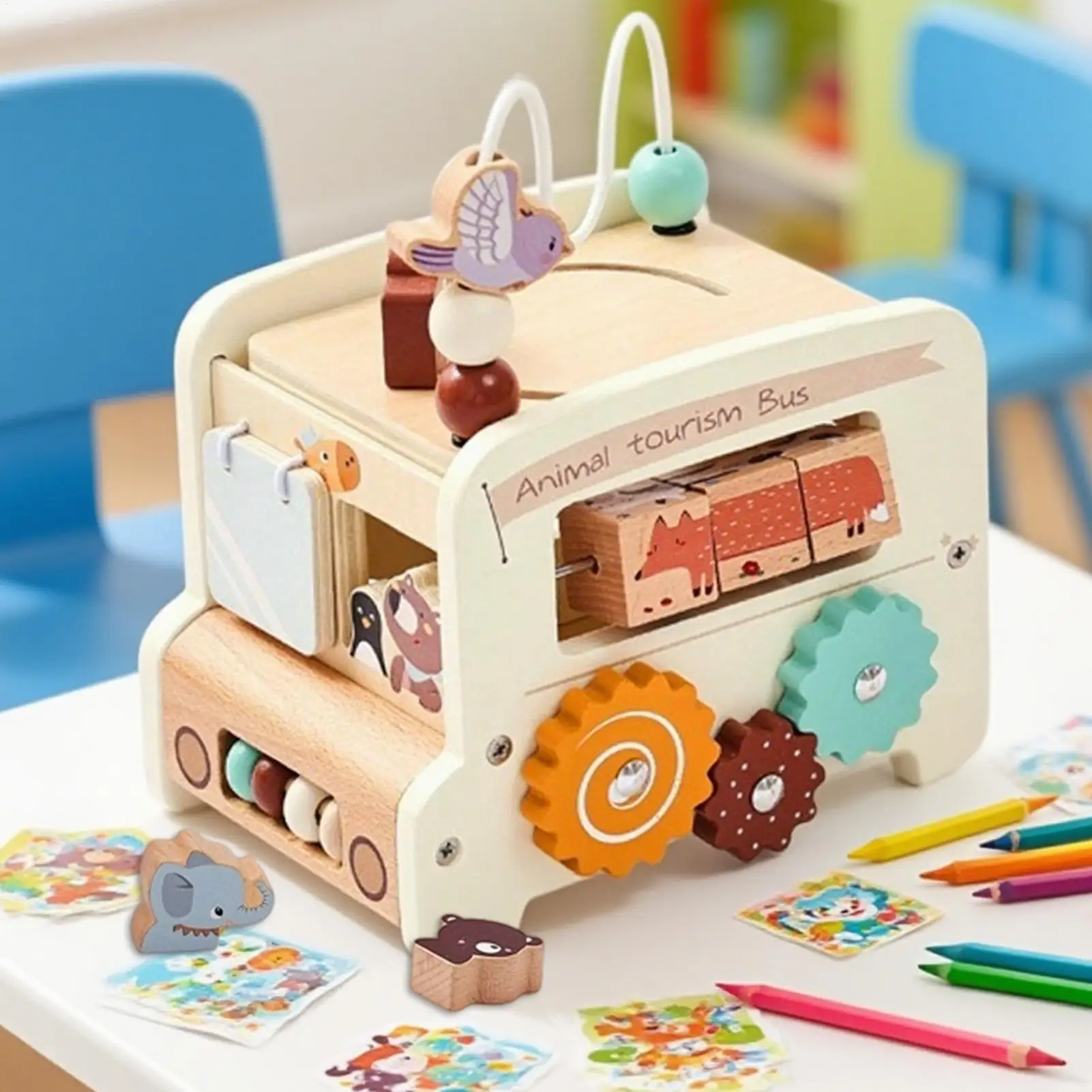 Zabawki edukacyjne autobusy 5 w 1, zabawki edukacyjne dla dzieci w kształcie autobusu, ćwiczenia dopasowywania kolorów i kształtów, klocki konstrukcyjne dla dzieci, dziewczynek i chłopców.