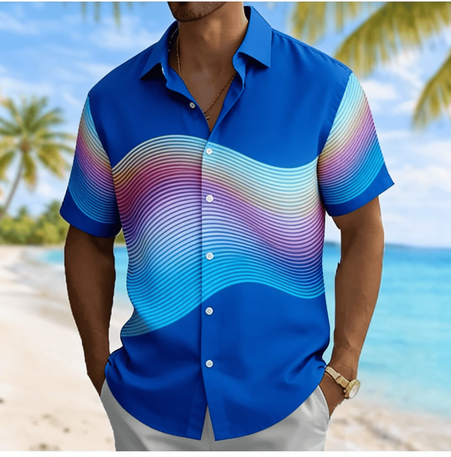 Men's Clothing Wave Line Print Short Sleeve Shirt, Spring Summer Casual Vacation Turn-Down Collar Blouse, Loose Fit Tops