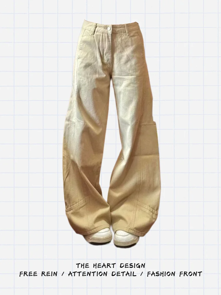

American Retro Faded Straight Leg Women's Jeans High Waist Wide Leg Pants Casual Pure Color Long Trousers Knife Design