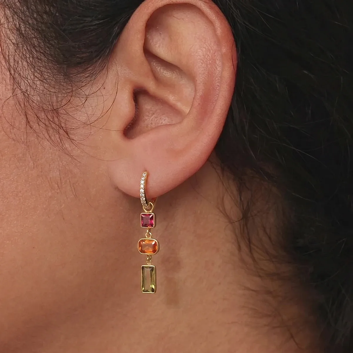 Miia Jewelry 18K Gold Plated Stainless Steel Multi Color CZ Long Drop Huggie Hoop Earrings Women Bohemian Jewelry