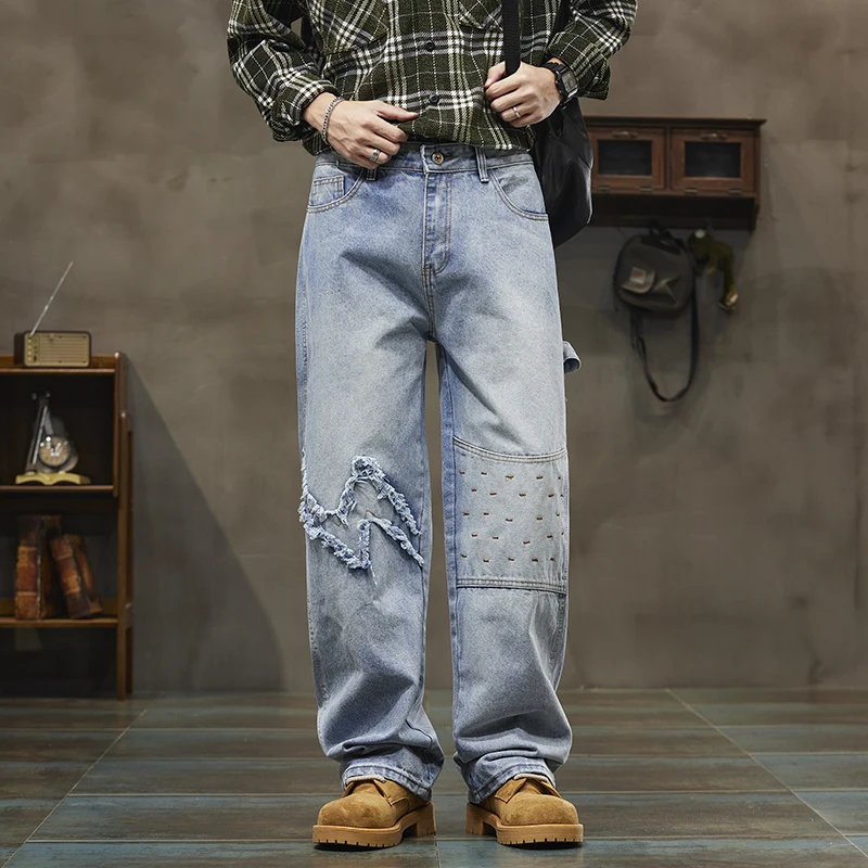 

мужские осенне-зимние джинсы Мужские эластичные свободные широкие джинсовые брюки повседневные уличные модные брюки
