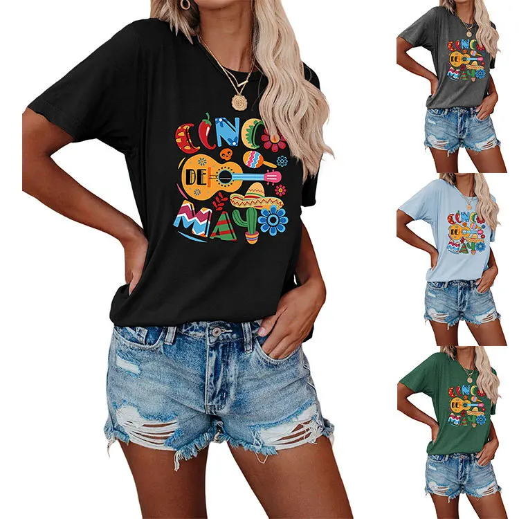 

Summer casual T-shirt guitar print print loose fashion short-sleeved crew neck top new pullover