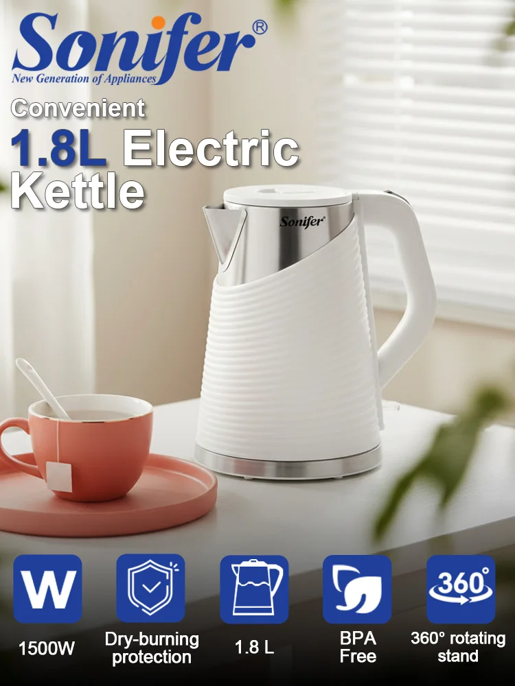 Electric Kettle Sonifer SF-2122 1500W 1.8L Stainless Steel Inner Tank Double Wall Hot Water Boiler Auto Shut Off for Home