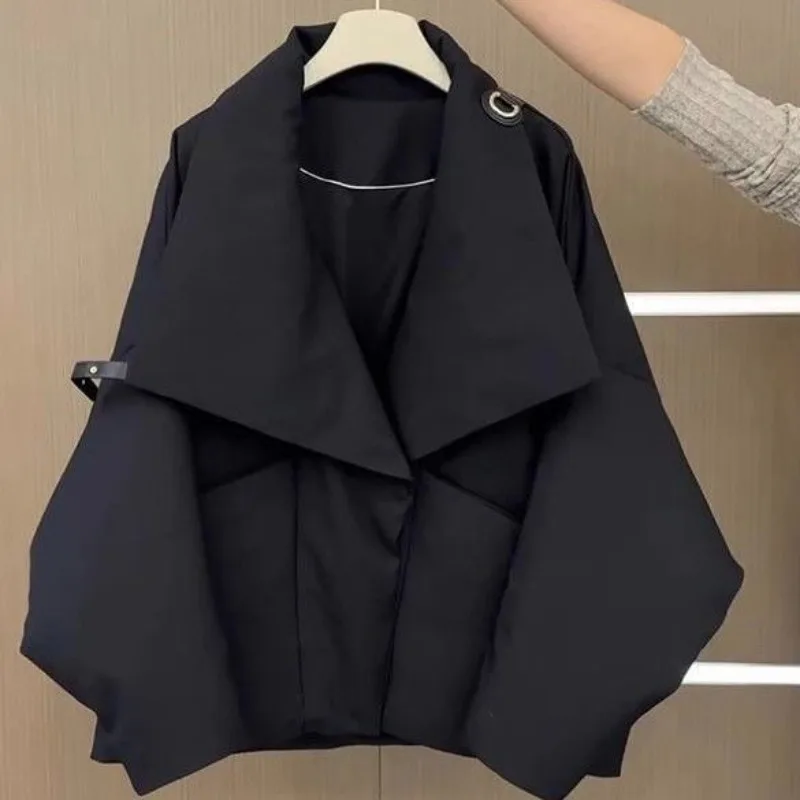 Women's Large Lapel Design Sense Fashionable Foreign Style Large Size Belly Cover Thin Cotton Clothes Thickened Top Coat Winter