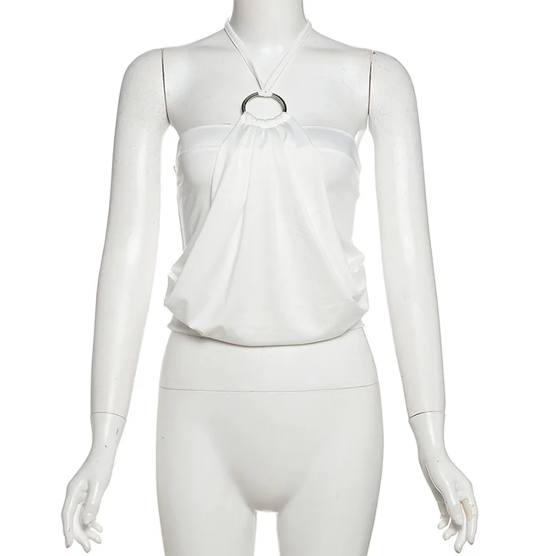 เสื้อกล้ามสไตล์ใหม่ SylCue 2025 สำหรับผู้หญิง แบบผูกคอ ประดับห่วงโลหะ ตัดต่อผ้า โชว์ไหล่ โชว์หลัง แฟชั่นสตรีท จับจีบ ดีไซน์หรูหรา