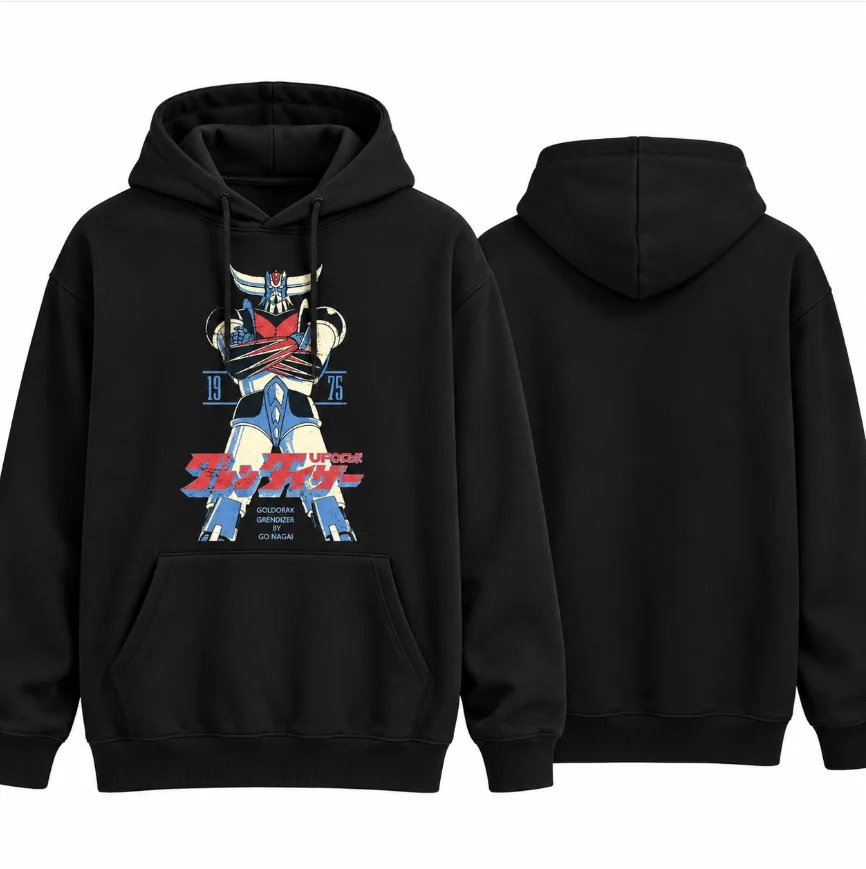Vintage Mecha Robot 1975 Print Hoodie Unisex Pullover Hooded Sweatshirt, Retro Anime Streetwear Long Sleeve Top For Men Women