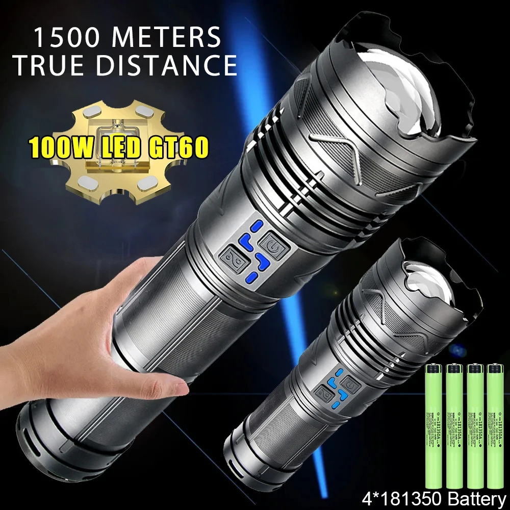 Ultra Bright 1000000 LM High Power Tactical Zoom Flashlight Long Range Strong Light Rechargeable Torch Outdoor Camping Lamp