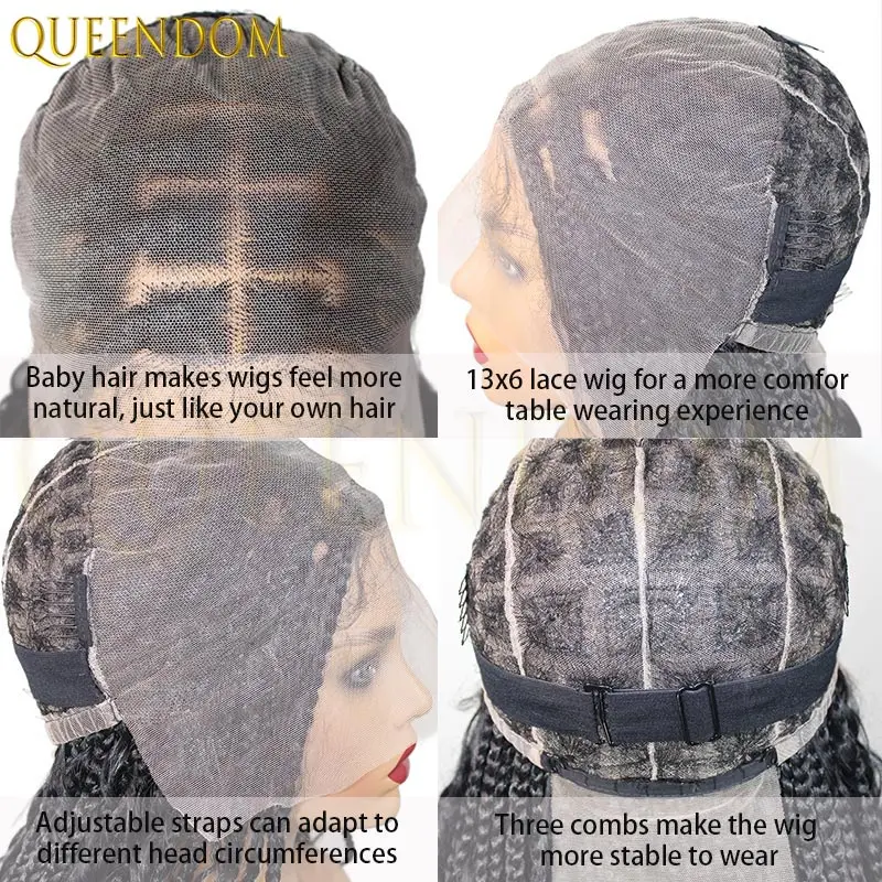 Wig Sintetis Kepang Kotak Boho, Wig Keriting dengan Lace Front 13x6 untuk Wanita Kulit Hitam, Rambut Kepang Bohemian Goddess Locs