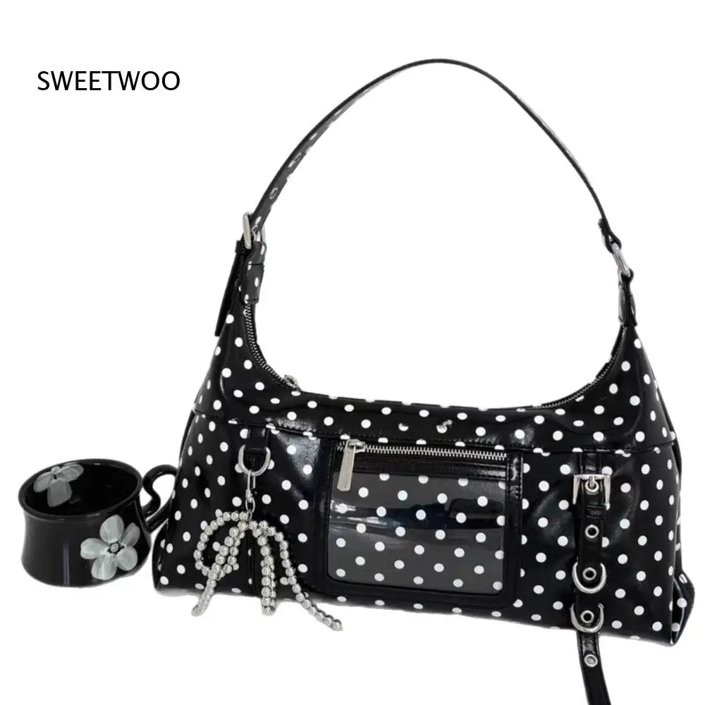 

Polka Dot Shoulder Bag with Teddy Bear Charm Transparent Pocket and Silver Bead Chain for Y2K Street Style 2026