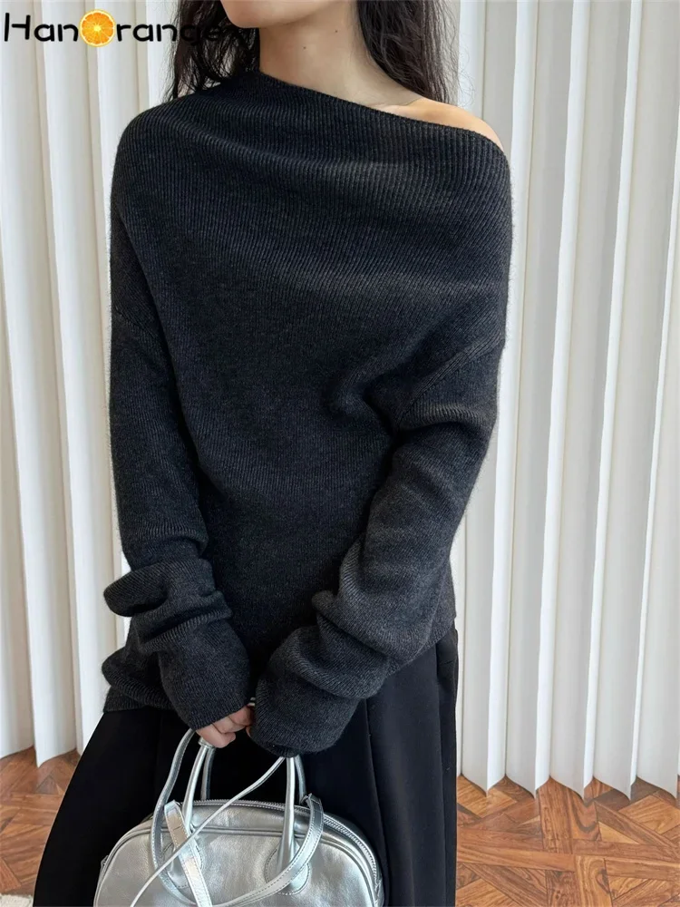 HanOrange 2025 Early Spring Sexy Slanted Shoulder Alpaca Wool Sweater Women Soft Sticky Wool Casual Top Dark Gray/Camel/Red