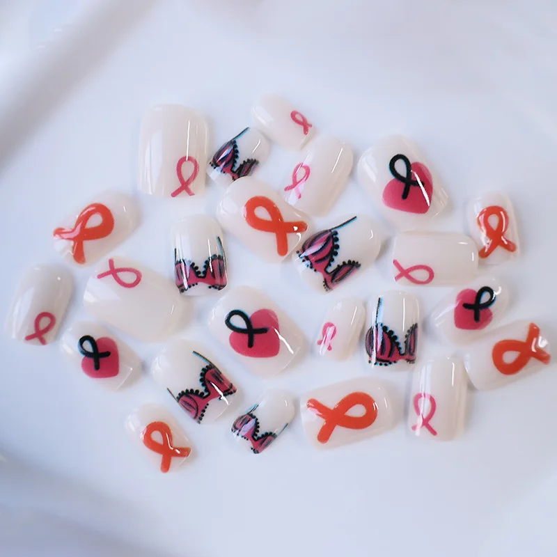 

24PCS Simple Fake Nails Short Square Shape with Cute Red Ribbon Heart Design Sweet Glue on False Nails for Women Valentine Gift