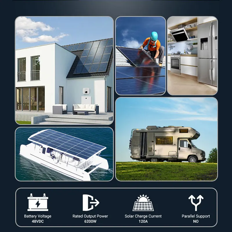 6200 واط 48 فولت عاكس للطاقة الشمسية الهجين 120 فولت التيار المتناوب موجة جيبية نقية واي فاي MPPT LiFePO4 دعم (العاكس هوجبريدو/إنفيرسور) عملية خالية من البطارية