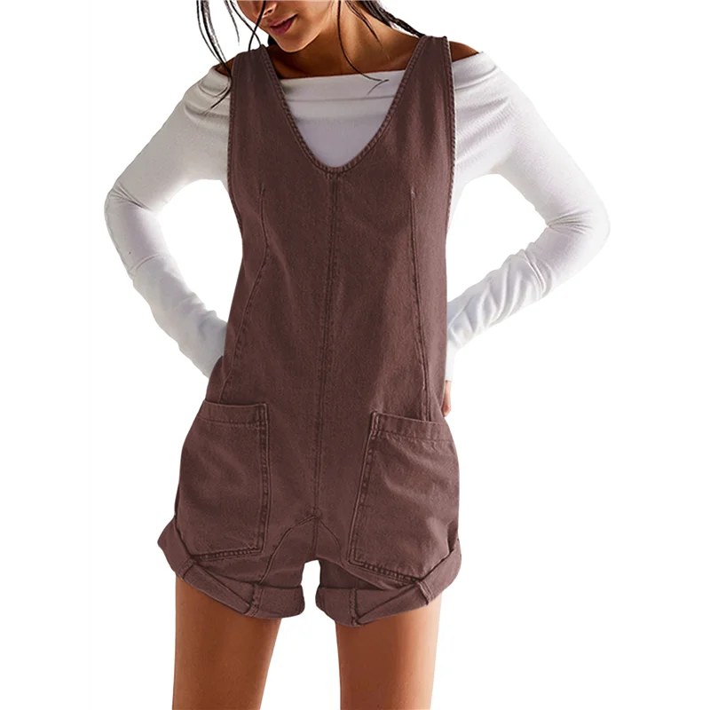 CYL-ملابس نسائية قصيرة كاجوال صيفية رومبير رقبة على شكل V بدون أكمام بذلة قصيرة فضفاضة #2