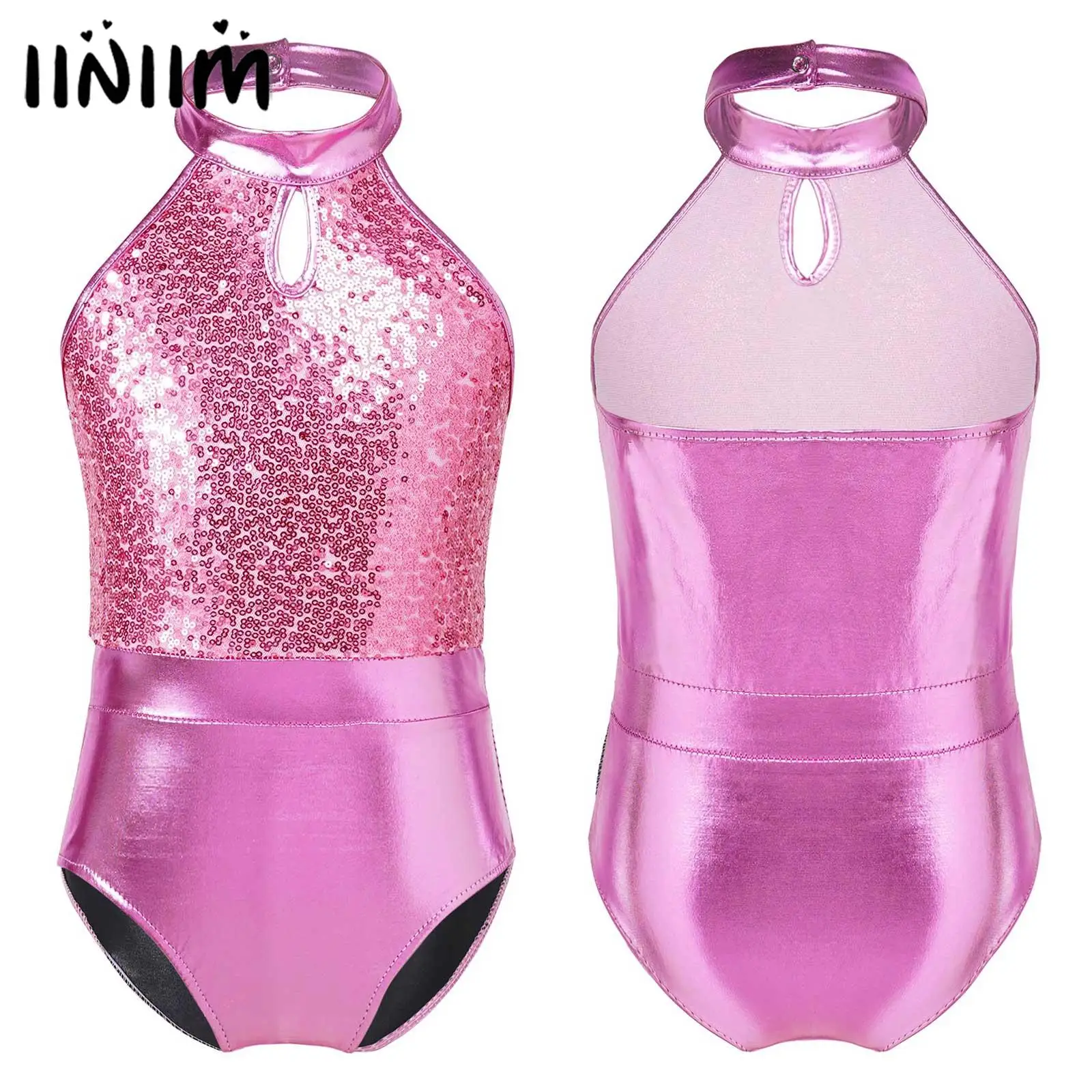 Iiniim Girls Sequins Ballet Dance Leotards Halter Temperament Sparkling Button Closure Collar Ballet Dancewear Bodysuit Show