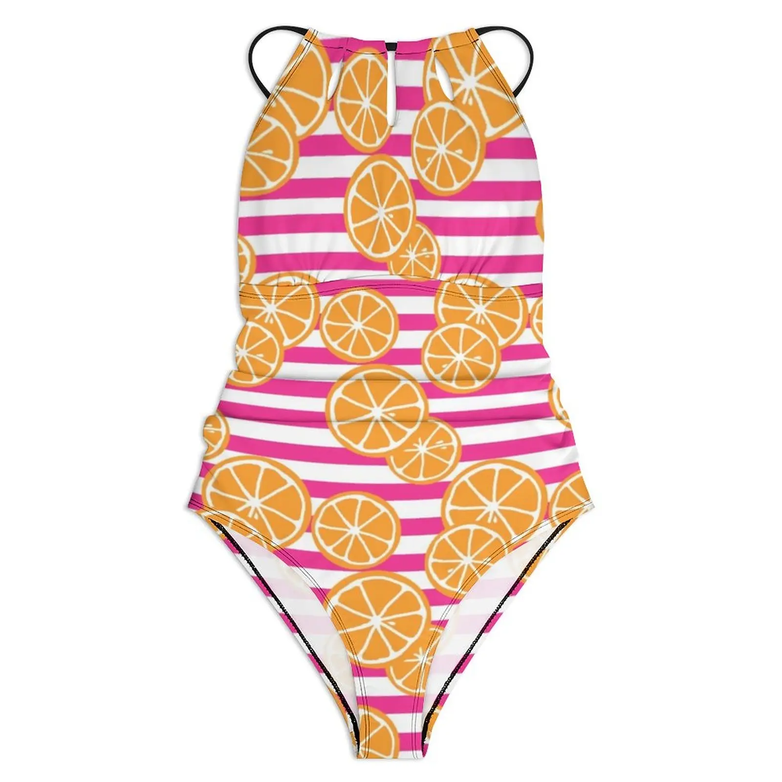 Oranges Slices Swimsuit Pink and White Stripes Push Up Swimwear One-Piece Beach Bathing Suits Bodysuit Sexy Pattern Beach Wear