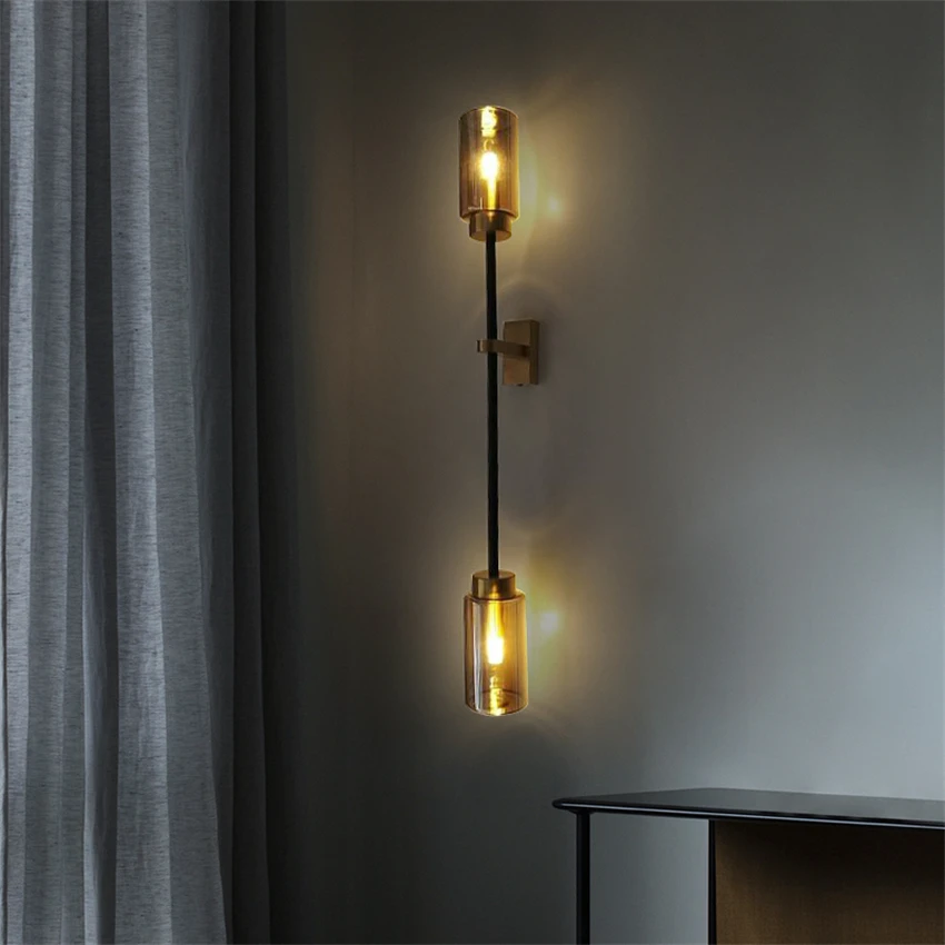 Full copper long pole bracket wall lamps bedroom living room hallway lamp luxury hotel stairwell wall