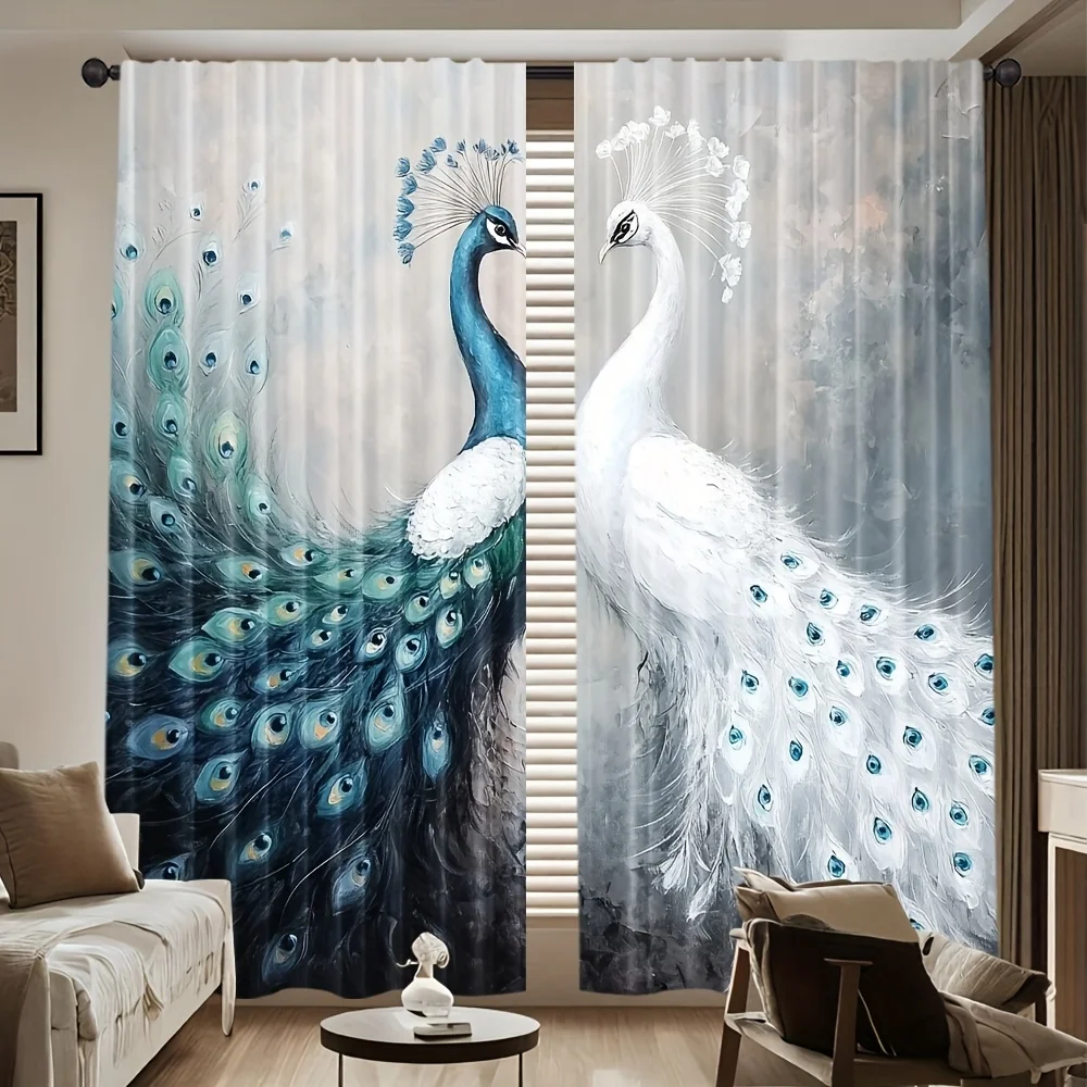 Blue and white peacock pattern Print Drapes Room Darkening Window Curtains for Home Decor,Rod Pocket Blackout Curtains Bedroom