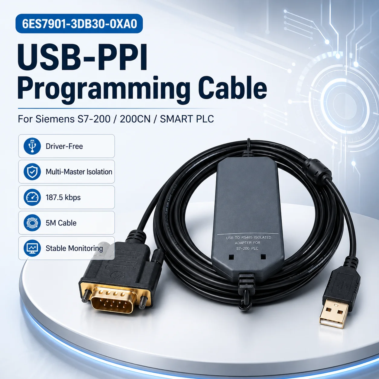 6ES7901-3DB30-0XA0 USB-RS485 PLC Programming Cable, 5M Multi-Master Isolated Adapter for S7-200 SMART CPU222/224/224XP/226